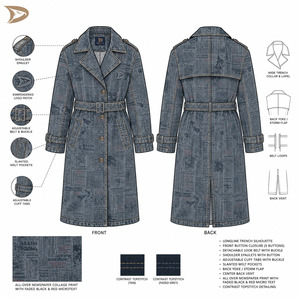 Chaqueta de Mezclilla Lavada Estilo Vintage, Larga, con Cinturón, para Hombre, Unisex, Gabardina, Logotipo Personalizado, Gris Azul, Estampado de Periódico, Ropa Exterior - Product Image 6