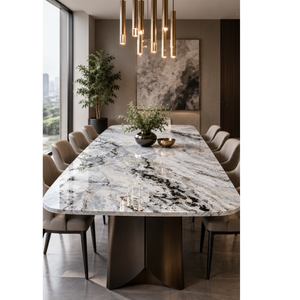 Table à manger rectangulaire moderne en marbre, base en métal contemporaine, îlot de cuisine de luxe, marque Scalework, 6 places, finition polie - Product Image 1
