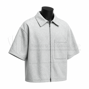 Chemise décontractée pour homme à manches courtes avec fermeture éclair, col rabattu, couleur unie, sergé, ODM, collection printemps, 100 % coton biologique, écologique - Product Image 3