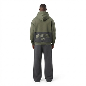 Mens Olive Green and Dark Gray <b>Zip</b> <b>Up</b> Hooded Tracksuit Set Color Block <b>Graphic</b> Print <b>Hoodie</b> and Jogger Pants - Product Image 2