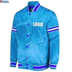 Windproof Waterproof Custom Embroidery Letter Varsity Bomber Satin <b>Jacket</b> <b>for</b> <b>Men</b> Striped Cuffs Arm Snap Button Closure - Product Image 1