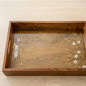 Bandeja de Madera Ecológica con Incrustaciones de Resina Transparente y Bordado Floral Intrincado, con Asas, para Servir, Decoración del Hogar, Diwali, Bodas - Product Image 2