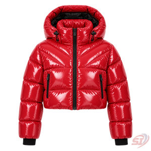 Chaqueta Acolchada Corta para Mujer, Color Rojo Cereza, con Capucha, Acolchado, para Invierno, a la Moda, Aislante - Product Image 1