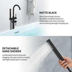 Rubinetto doccia a pavimento nero opaco ad alta portata con finitura spazzolata, miscelatore per vasca da bagno, soffione doccia autoportante - Product Image 5