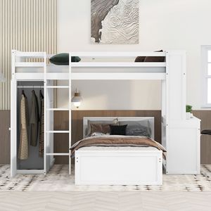 Letto a soppalco bianco singolo con librerie indipendenti e scrivania, armadio per bambini incluso - Product Image 4