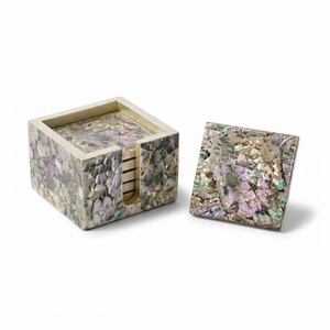 Juego de posavasos artesanales de nácar con incrustaciones de lapislázuli, posavasos redondos geométricos de mosaico de concha para mesa de café. - Product Image 5