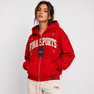 FINA SPORTS Sweat à capuche zippé rouge pour femme, en polaire, décontracté, à manches longues, avec strass et imprimé lettres, collection automne - Product Image 2