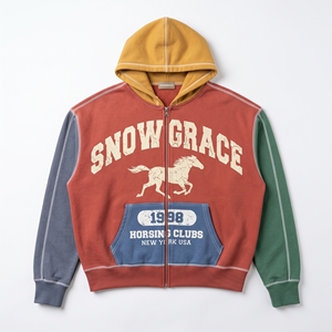 Sudadera con capucha y cremallera Snowgrace unisex de gran tamaño, chaqueta de forro polar con bloques de color vintage, diseño de bolsillo con estampado de caballo, manga raglán - Product Image 1