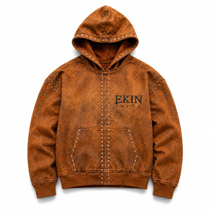 Custom Luxury Unisex Distressed 100% Cotton Fleece Zip-Up Hoodie Heavyweight Anti-Pilling Streetwear <b>Jacket</b> <b>Rhinestone</b> Studs - Product Image 1