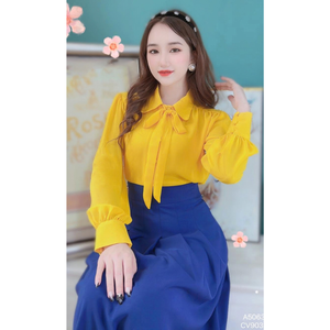Best Selling Sustainable Fashion Women Long Sleeve Shirt with Bow <b>Tie</b> & Fabric-Covered Buttons Office Casual Solid <b>Top</b> Vietnam - Product Image 2