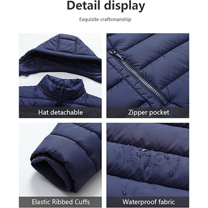 Men's Navy Blue Hooded Puffer <b>Jacket</b> Windproof Zipper Closure Polyester Winter Coat Casual Style Regular Fit - Product Image 5