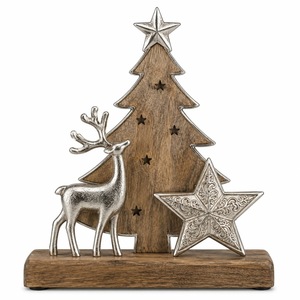 Sculpture de sapin de Noël rustique en bois avec décor de rennes et d'étoiles argentés pour une présentation sur table - Product Image 1