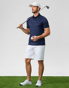 Men's Navy Blue Short Sleeve Polo <b>Shirt</b> With White Pattern Print Regular Fit Casual Knitted Breathable <b>100</b>% <b>Polyester</b> - Product Image 5