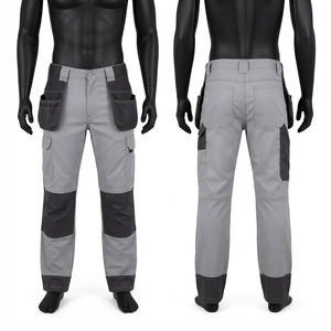 <b>Men</b> <b>Work</b> Pants Premium Quality 240 GSM Cotton Polyester Corduroy Cargo Utility <b>Trousers</b> Grey Black Panel Design Acid Wash - Product Image 1