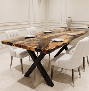 Table à manger rectangulaire moderne en bois massif avec bord naturel et résine époxy, pieds en métal doré, faite à la main, pour salle à manger ou entrée, 6 places - Product Image 2