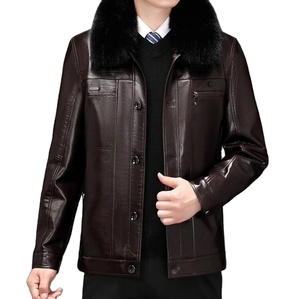 Vêtements d'extérieur d'hiver à manches longues pour hommes Veste en cuir PU avec col en fourrure de mouton Tissu en toile - Product Image 1