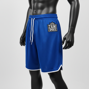 Shorts de bain en maille polyester de haute qualité, couleur bleue avec bordure blanche, logo brodé personnalisé, shorts en maille pour homme - Product Image 3