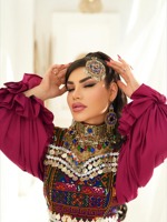 Robe traditionnelle afghane Kuchi pour femmes, robe décontractée, magenta, plissée, broderie lourde, pompon à pièces, élégante, simple, unie