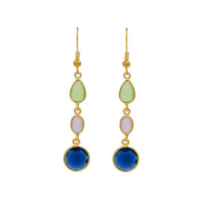 ต่างหูห้อยประดับดอกไม้หลากพลอยสไตล์โบฮีเมียน |   เพรนไนต์ พิงค์ คาลซิโดนี ไอโอไลต์ รูปทรงเช็คเกอร์คัท ทอง 18K ชุบทองเหลือง ทำด้วยมือ - Product Image 1