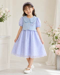 Robe élégante en dentelle bleue pour filles avec col Peter Pan et manches bouffantes |   Robe de fête de princesse de boutique - Product Image 4