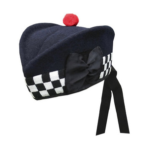 Custom OEM Navy Glengarry Cap with <b>Red</b> Pom Black White Check Band Bow and <b>Ribbon</b> Tails for Highland Dress Wear - Product Image 1