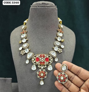 Antique Gold Plated Kundan <b>Statement</b> <b>Necklace</b> Set with Red Enamel Floral Pendant Earrings Wedding Jewelry Set For Women - Product Image 1