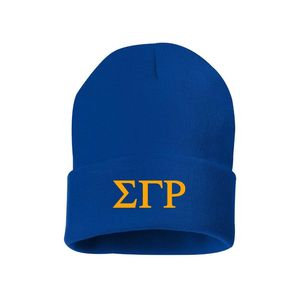 Bonnet tricoté Sigma Gamma Rho bleu roi pour femme, brodé, chaud, à revers, personnalisé, pour sororité universitaire grecque - Product Image 1
