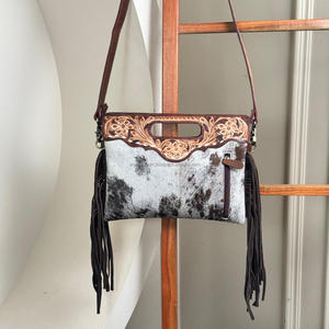 2025 Latest Fashion Women's Bags Customized Hand Tooled Cowhide Leather Handbags Handled Zipper Crossbody Shoulder Fringe Bags - Product Image 5