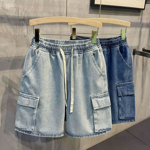 Pantalones cortos de mezclilla para hombre, finos y holgados, de verano, estilo casual coreano, con cintura elástica, corte recto, de algodón, estilo urbano. - Product Image 1