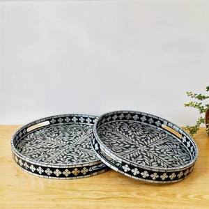 Round <b>Marble</b> Tray With Floral Inlay Pattern Traditional Decorative Serving Dish For <b>Bathroom</b> Sets bulk order - Product Image 2