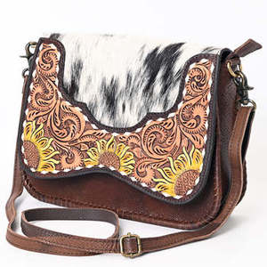 Sac bandoulière léger en cuir véritable 100% fait main, style vintage, avec motif tournesol sculpté, à rabat, pour femme - Product Image 1