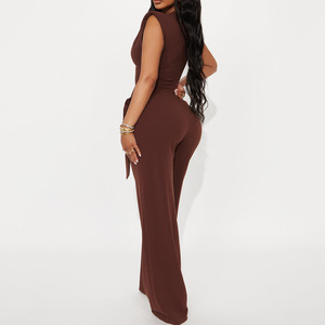 Mono de mujer marrón sin mangas de cintura alta con cinturón, ajuste holgado, largo completo, estilo minimalista, para todas las estaciones, el más vendido - Product Image 2