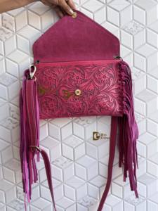 Bolso de mano con flecos personalizado al por mayor, bolso de cuero auténtico tallado a mano, bolso bandolera de color rosa, bolsos elegantes occidentales - Product Image 5