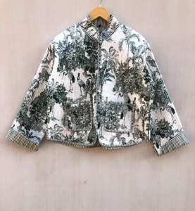 Chaqueta Acolchada de Algodón Reversible, Tejida a Rayas con Estampado Jaipuri Sanganeri, Transpirable, para Otoño, Hecha a Mano para Mujer - Product Image 3