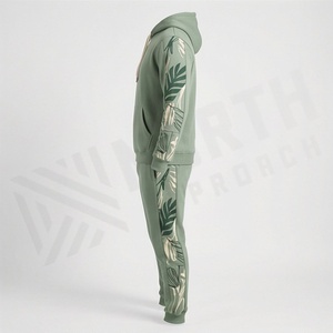 Conjunto Deportivo Informal de Algodón con Estampado Floral Verde para Hombre, Sudadera con Capucha, Manga Larga, para Otoño, Corte Regular, con Bolsillos - Product Image 3