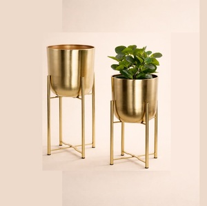 Support de pot de fleurs en métal doré, écologique et durable, ensemble de 2 pièces, porte-pot de fleurs haut, design cylindrique moderne et minimaliste, pour l'intérieur - Product Image 1