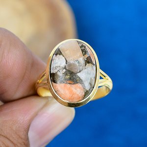 Bague en argent sterling 925 plaqué or 18 carats avec pierre précieuse en calcite cuivrée orange naturelle en forme de coussin - Product Image 2