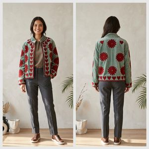 Veste matelassée en velours pour femme avec appliques florales, col mandarin, manches longues, doublure en coton, pour l'hiver et l'automne - Product Image 5