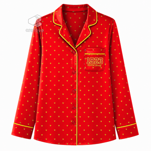 NSPDK Sorority Women's Red Heart Print Pajama Set Button Front Long Sleeve Notched Collar Contrast Piping Lounge Set <b>PJs</b> - Product Image 2