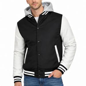 Veste varsity à capuche pour homme, streetwear d'hiver, coupe-vent, épaisse, couleur unie, fermeture à boutons recouverts, capuche amovible, 100% polyester - Product Image 5