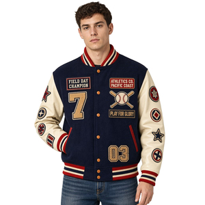 Chaqueta Varsity Azul Marino y Crema para Hombre, Diseño con Parches Bordados, Estilo Preppy, para Otoño, Corte Regular, Cuello Camisero - Product Image 1