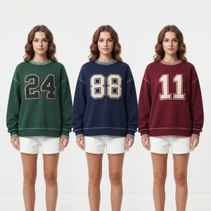 Sweat-shirt décontracté pour femme, coupe ample, couleur bordeaux, avec appliqué numéro 24, poignets à carreaux, col rond, manches longues, vêtements décontractés d'automne - Product Image 6