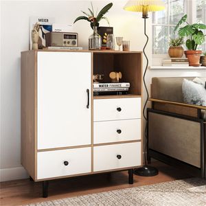 Credenza Moderna Stile Mid-Century con 4 Cassetti, Mobile Buffet Ecologico in Vetro Naturale per Sala da Pranzo e Soggiorno - Product Image 2