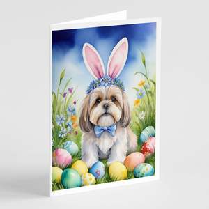 Whimsical A7 Size 5x7 Lhasa Apso <b>Easter</b> Egg Hunt Blank Note <b>Cards</b> <b>Pack</b> of 8 with Envelopes for Greetings - Product Image 1