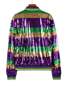 <b>Men's</b> <b>Sequined</b> Varsity <b>Jacket</b> Purple Green Gold Striped Zipper Front Casual Spring Wear Regular Fit Turn-down Collar - Product Image 2