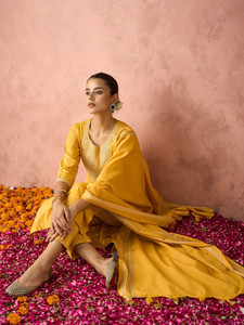Traditional Indian Pakistani <b>Women</b> Cotton Straight <b>Suit</b> Set Yellow Embroidery Knee-Length Casual Wear Regular Fit Diwali <b>Wedding</b> - Product Image 3