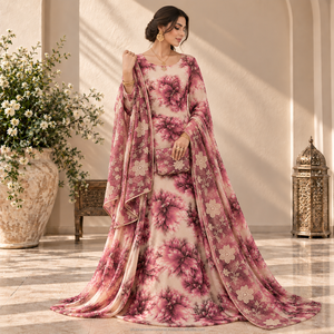 Tissu imprimé floral de luxe violet suisse Dirac 100 % polyester avec dentelle brodée pour tenue de mariage et de fête - Product Image 3
