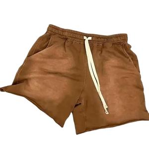 Transpirable para hombre Casual ácido lavado pantalones cortos bolsillos 100% algodón cordón cintura elástica verano sudor pantalones cortos Color sólido bordado - Product Image 1