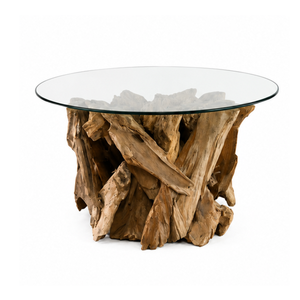 Table basse ARTERRA LuxuryTeak Root avec plateau en verre, forme de souche d'arbre moderne, décorative, pour salon, maison, hôtel. - Product Image 1
