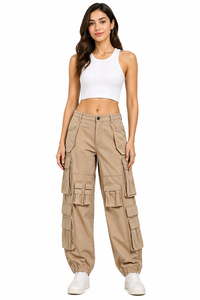 Pantalones Cargo Beige Multibolsillos para Mujer, Cintura Alta, Corte Relajado, Estilo Jogger Ajustado, Mezcla de Algodón - Product Image 4